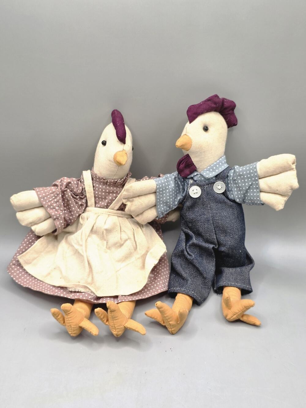 Vtg Country Farmhouse Style Cloth Hen Rooster Couple Soft Plush Folk Art Decor